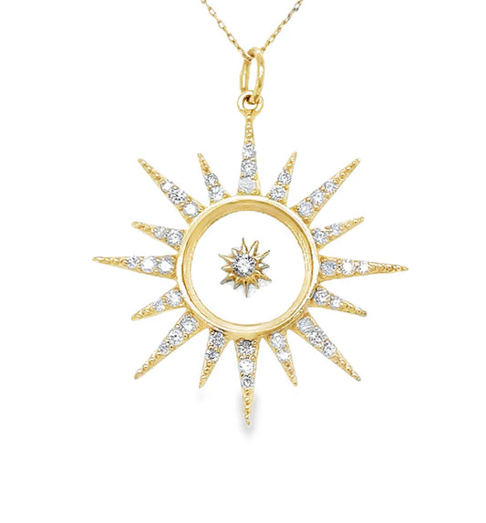 14KT YELLOW GOLD CLEAR QUARTZ STARBURST PENDANT WITH DIAMONDS