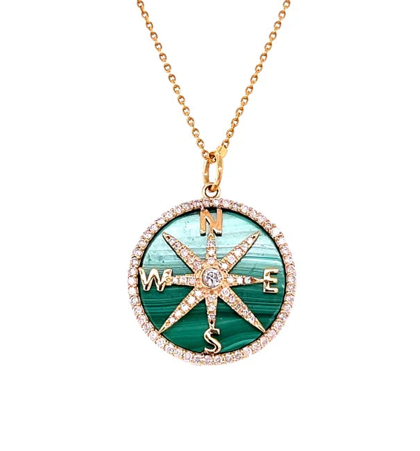 14KT YELLOW GOLD MALACHITE AND DIAMONDS COMPASS PENDANT