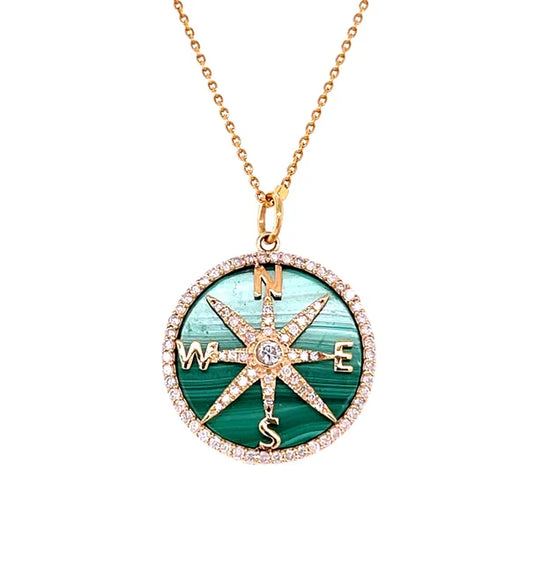 14KT YELLOW GOLD MALACHITE AND DIAMONDS COMPASS PENDANT