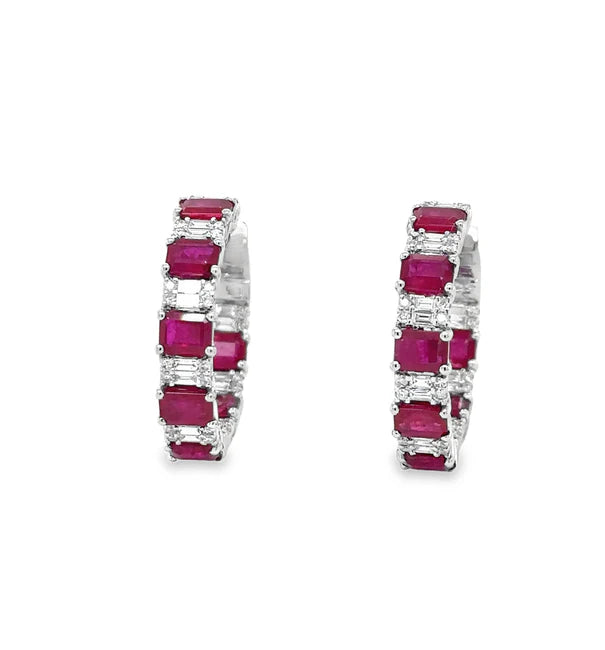 18KT WHITE GOLD RUBY AND DIAMONDS HOOP EARRING