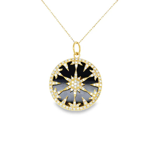 14KT YELLOW GOLD BLACK ONYX AND DIAMOND STARBUST PENDANT