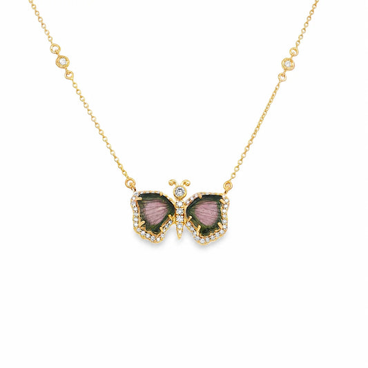 14KT YELLOW GOLD WATERMELON TOURMALINE AND DIAMONDS BUTTERFLY NECKLACE