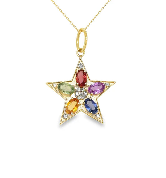 14KT YELLOW GOLD STAR PENDANT WITH MULTI SAPPHIRE AND DIAMONDS