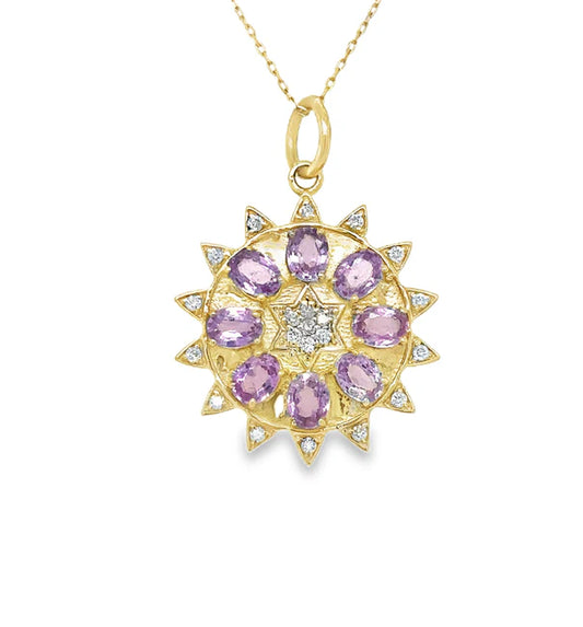 14KT YELLOW GOLD PINK SAPPHIRE AND DIAMONDS PENDANT