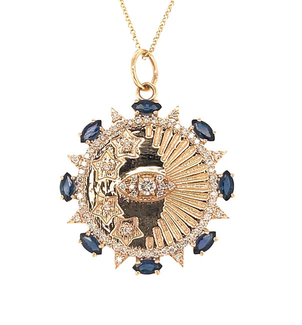 14KT GOLD DIAMONDS/ BLUE SAPPHIRE EVIL EYE ROUND PENDANT