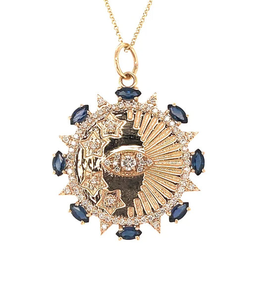 14KT GOLD DIAMONDS/ BLUE SAPPHIRE EVIL EYE ROUND PENDANT