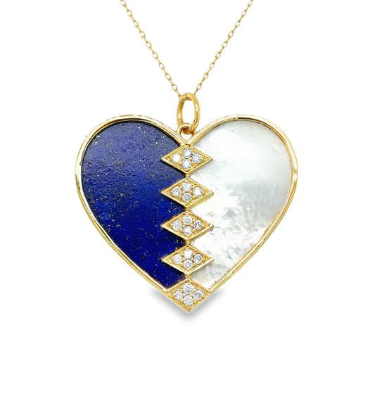 14KT YELLOW GOLD LAPIS AND MOTHER OF PEARL HEART PENDANT WITH DIAMONDS