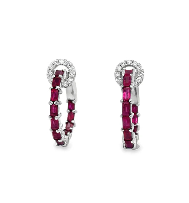 14KT WHITE GOLD RUBY AND DIAMONDS HOOP EARRING