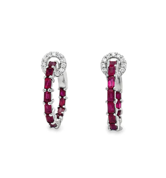 14KT WHITE GOLD RUBY AND DIAMONDS HOOP EARRING