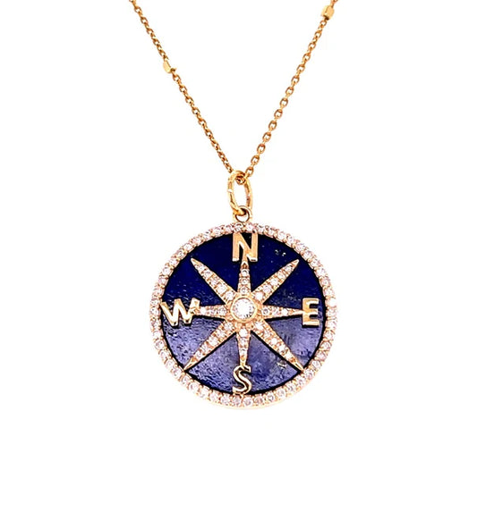 14KT YELLOW GOLD LAPIS AND DIAMONDS COMPASS PENDANT