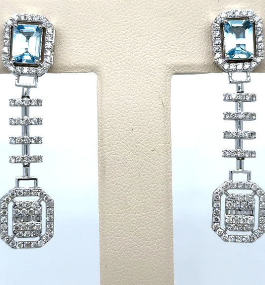 14KT WHITE GOLD AQUAMARINE AND DIAMONDS EARRING