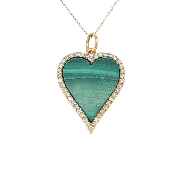 14KT YELLOW GOLD MALACHITE HEART PENDENT WITH DIAMONDS