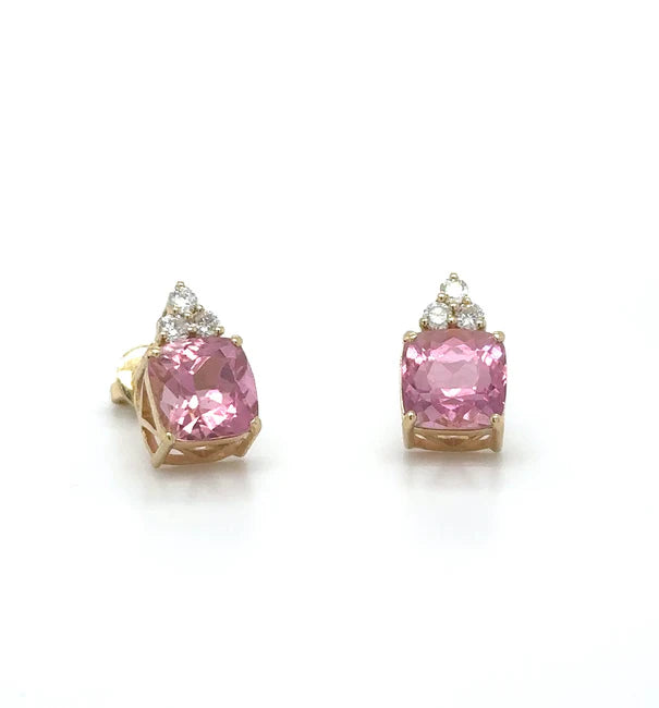 14KT YELLOW GOLD PINK TOURMALINE AND DIAMONDS EARRING