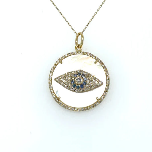 14KT YELLOW GOLD MOTHER OF PEARL EVIL EYE PENDANT WITH SAPPHIRE AND DIAMONDS