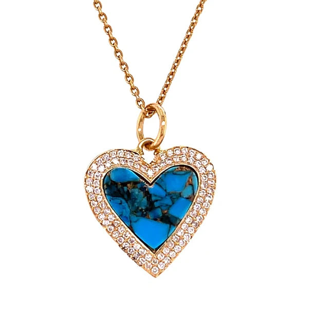 14KT YELLOW GOLD MOHAVE TURQUOISE HEART PENDANT WITH DIAMONDS