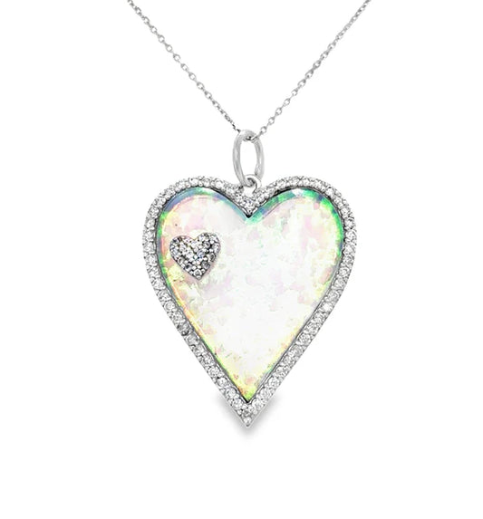 14KT WHITE GOLD OPAL HEART PENDANT WITH DIAMONDS