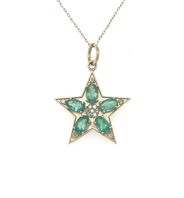 14KT YELLOW GOLD STAR PENDANT WITH EMERALD AND DIAMONDS