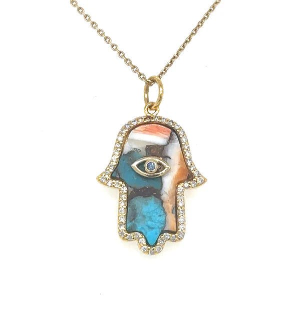 14KT YELLOW GOLD OYSTER TURQUOISE HAMSA PENDANT WITH DIAMONDS