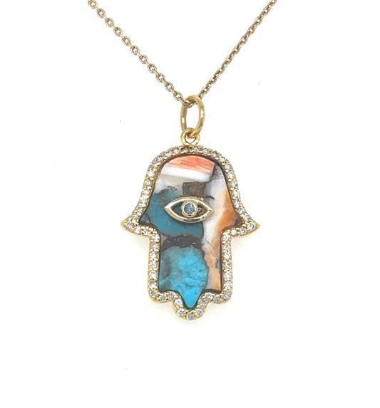 14KT YELLOW GOLD OYSTER TURQUOISE HAMSA PENDANT WITH DIAMONDS