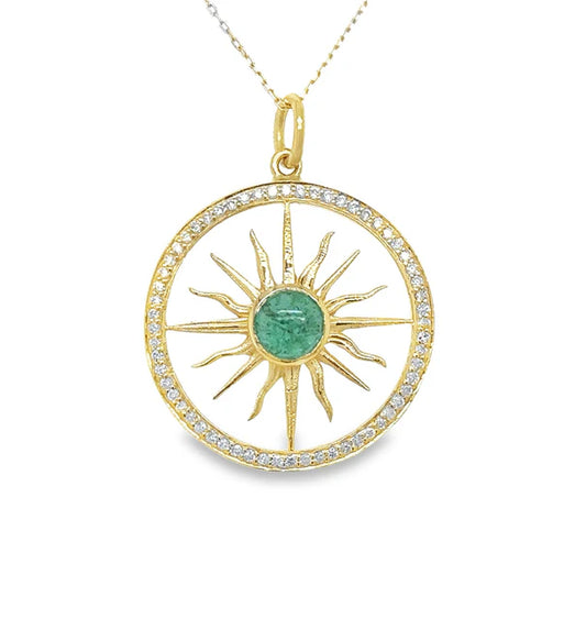 14KT YELLOW GOLD CLEAR QUARTZ PENDANT WITH EMERALD AND DIAMONDS