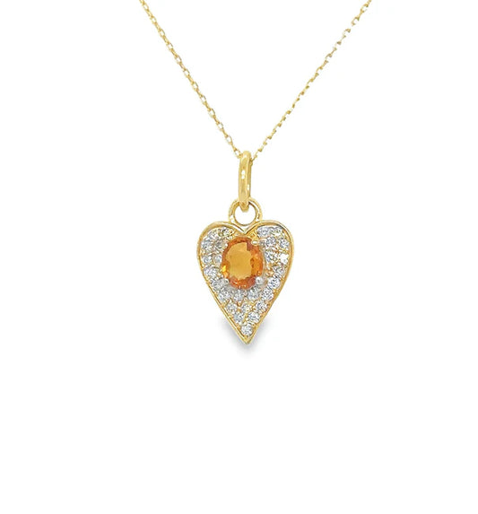 14KT YELLOW GOLD HEART PENDANT WITH ORANGE SAPPHIRE AND DIAMONDS