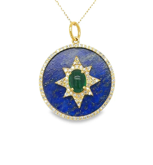 14KT YELLOW GOLD LAPIS PENDANT AND EMERALD WITH DIAMONDS