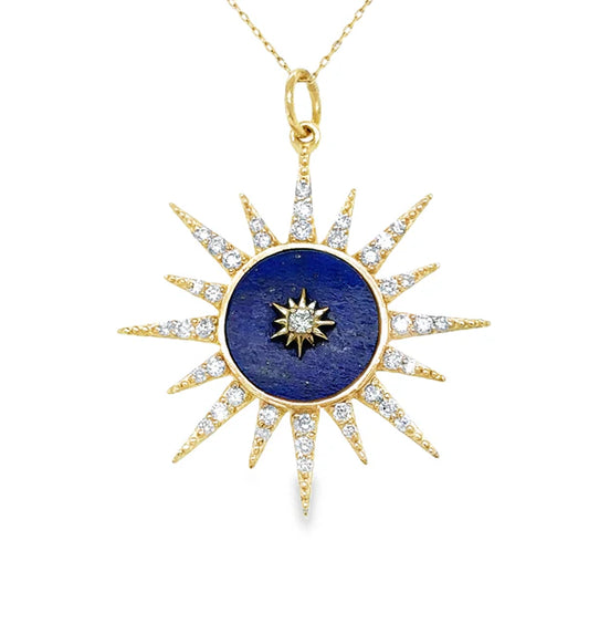 14KT YELLOW GOLD LAPIS STARBURST PENDANT WITH DIAMONDS