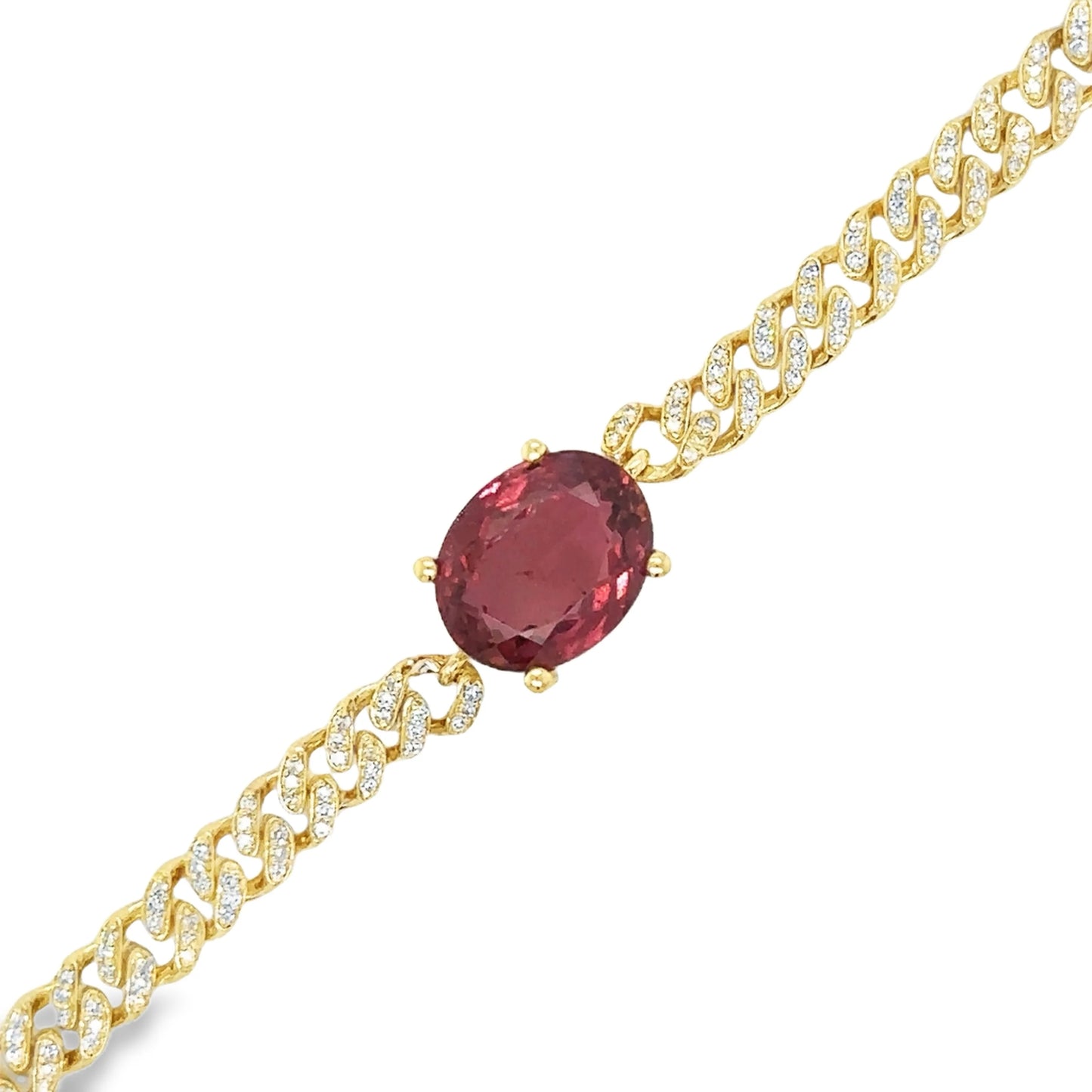 14KT YELLOW GOLD TOURMALINE AND DIAMONDS CUBAN BRACELET