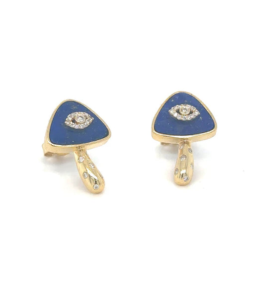 14KT YELLOW GOLD LAPIS AND DIAMONDS MUSHROOM EARRING