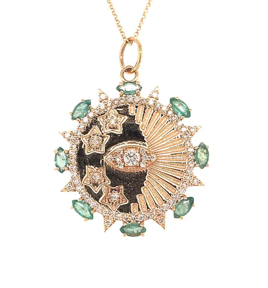 14KT GOLD DIAMONDS/ EMERALD EVIL EYE ROUND PENDANT