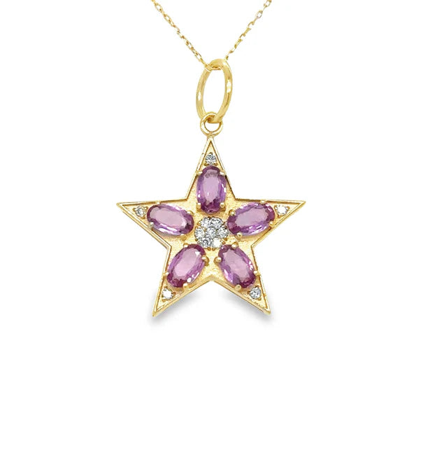 14KT YELLOW GOLD STAR PENDANT WITH PINK SAPPHIRE AND DIAMONDS
