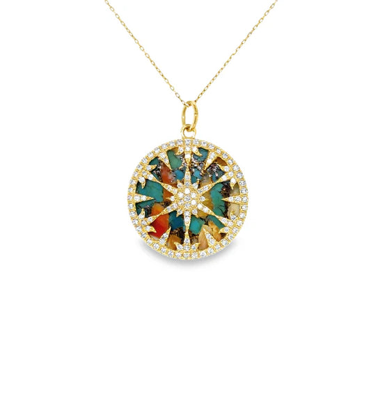 14KT YELLOW GOLD OYSTER TURQUOISE AND DIAMOND STARBUST PENDANT