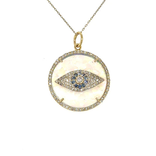 14KT YELLOW GOLD HYDRA OPAL EVIL EYE PENDANT WITH SAPPHIRE AND DIAMONDS