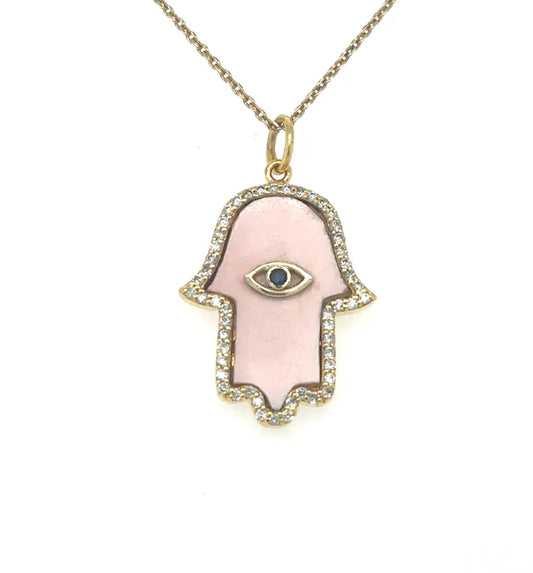 14KT YELLOW GOLD PINK OPAL HAMSA PENDANT WITH DIAMONDS
