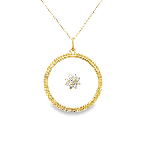 14KT YELLOW GOLD CLEAR QUARTZ PENDANT WITH FLOWER DIAMONDS