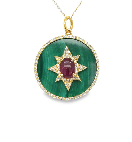 14KT YELLOW GOLD MALACHITE PENDANT WITH DIAMONDS AND RUBY