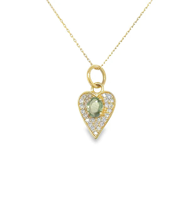 14KT YELLOW GOLD HEART PENDANT WITH GREEN SAPPHIRE AND DIAMONDS