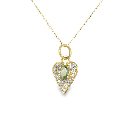 14KT YELLOW GOLD HEART PENDANT WITH GREEN SAPPHIRE AND DIAMONDS