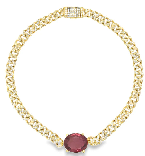 14KT YELLOW GOLD TOURMALINE AND DIAMONDS CUBAN BRACELET