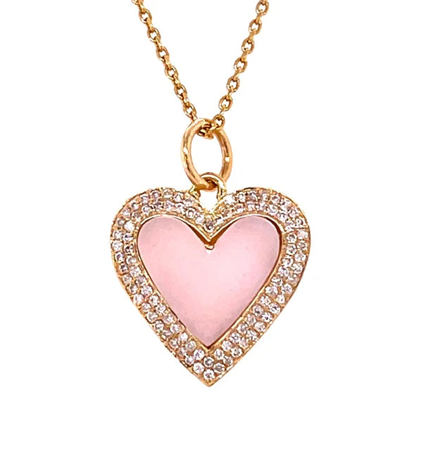 14KT YELLOW GOLD PINK OPAL HEART PENDANT WITH DIAMONDS
