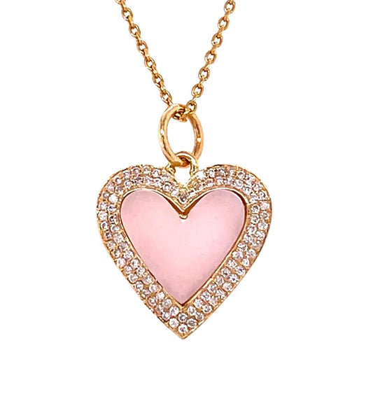 14KT YELLOW GOLD PINK OPAL HEART PENDANT WITH DIAMONDS