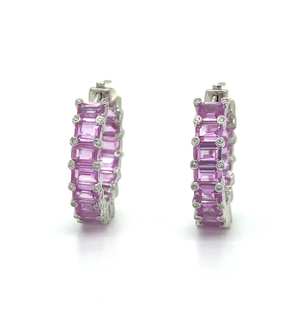 18K WHITE GOLD PINK SAPPHIRE AND DIAMOND HOOP EARRING
