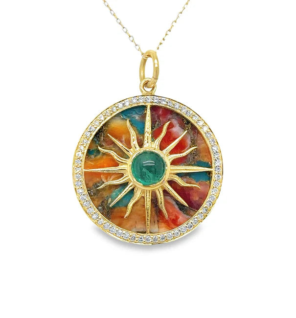 14KT YELLOW GOLD OYSTER TURQUOISE PENDANT WITH EMERALD AND DIAMONDS