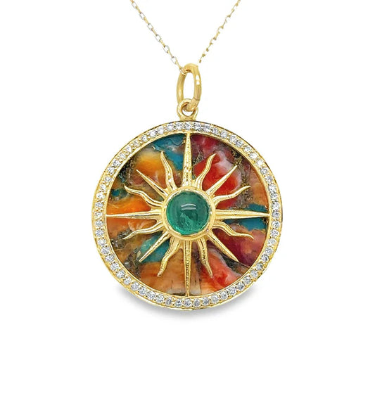 14KT YELLOW GOLD OYSTER TURQUOISE PENDANT WITH EMERALD AND DIAMONDS