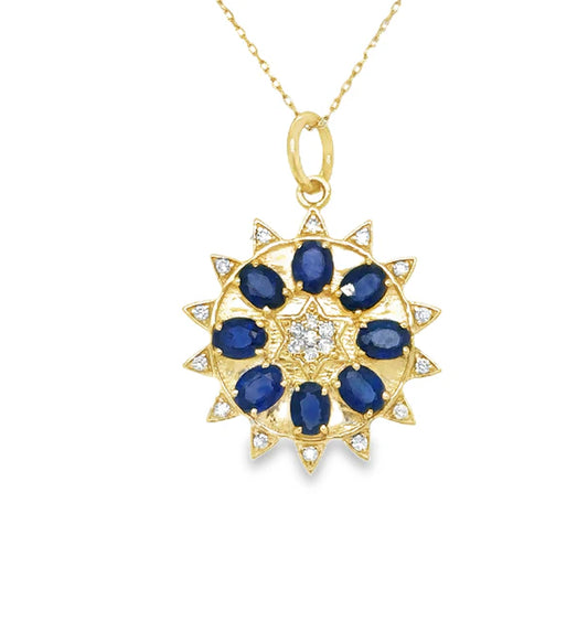 14KT YELLOW GOLD SAPPHIRE AND DIAMONDS PENDANT
