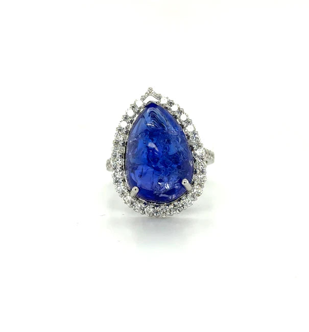 14KT WHITE GOLD PEAR SHAPE TANZANITE AND DIAMOND RING
