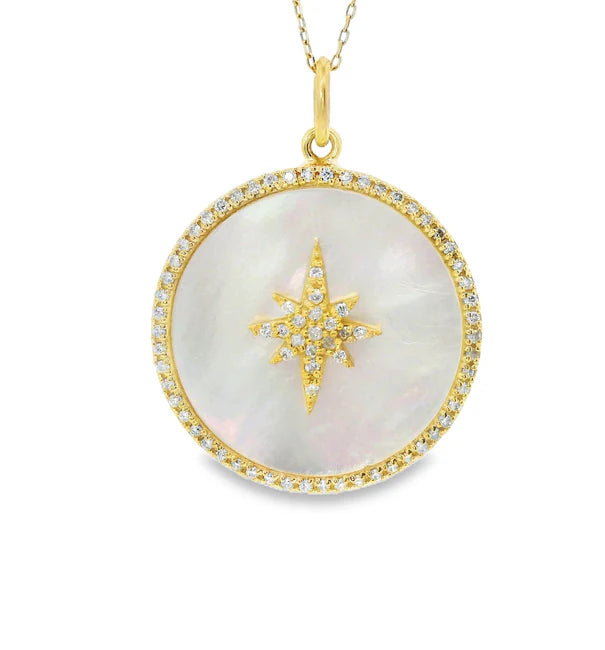 14KT YELLOW GOLD MOTHER OF PEARL PENDANT WITH DIAMONDS