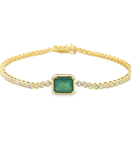 14KT EMERALD OCT AND DIAMOND TENNIS BRACELET