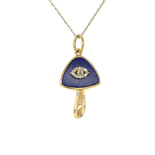 14KT YELLOW GOLD LAPIS MUSHROOM PENDANT WITH DIAMONDS