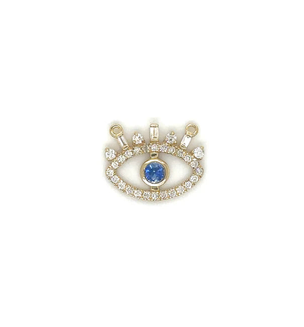 14KT YELLOW GOLD EVIL EYE DIAMOND AND SAPPHIRE PENDANT